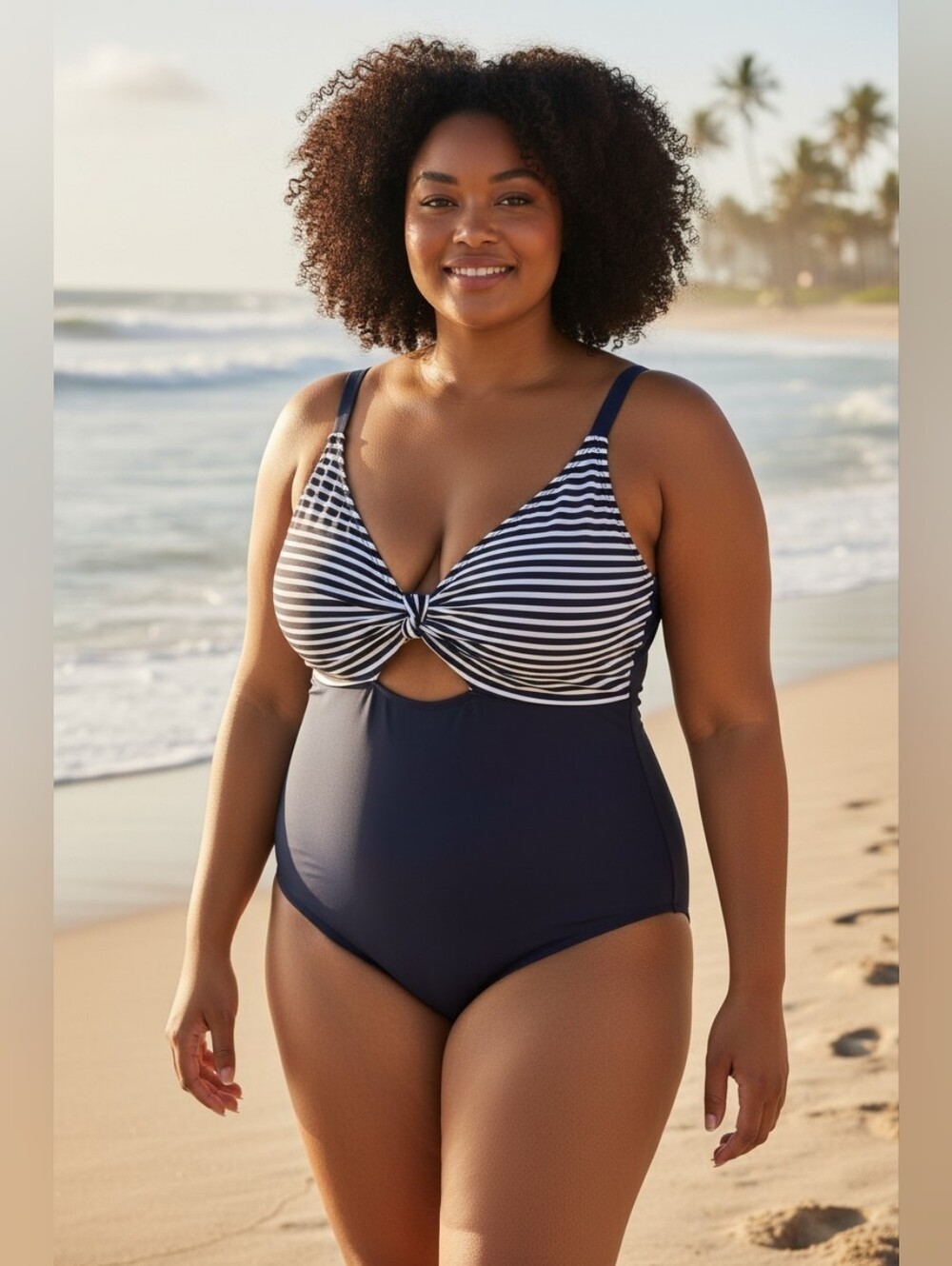 City Chic XS Striped Keyhole Front One-Piece Swimsuit - Navy Sz 14